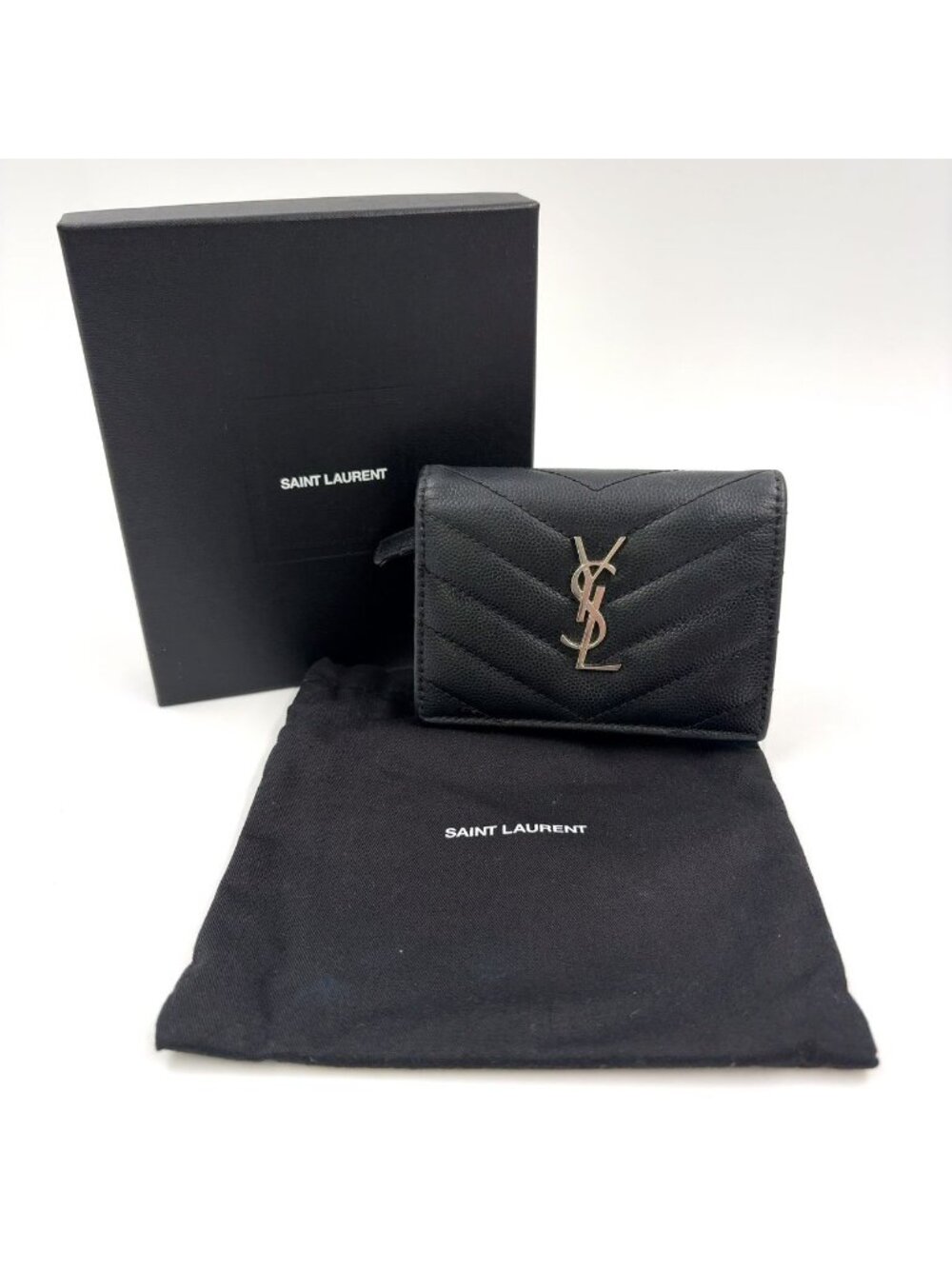 Saint Laurent Paris YSL Stitch Compact Fold Wallet Leather Black Silver - Picture 15 of 15